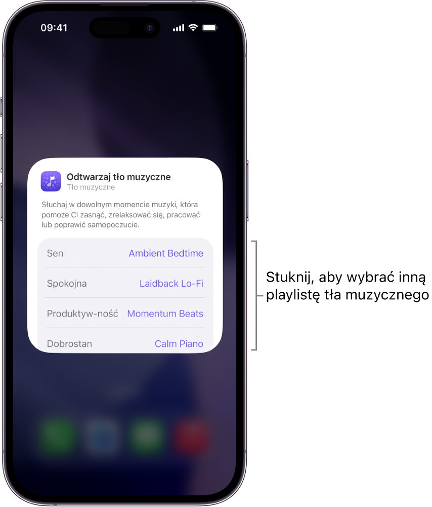 Ekran iPhone’a pokazujący opcje Nastój i Playlista w średnim widżecie Tło muzyczne