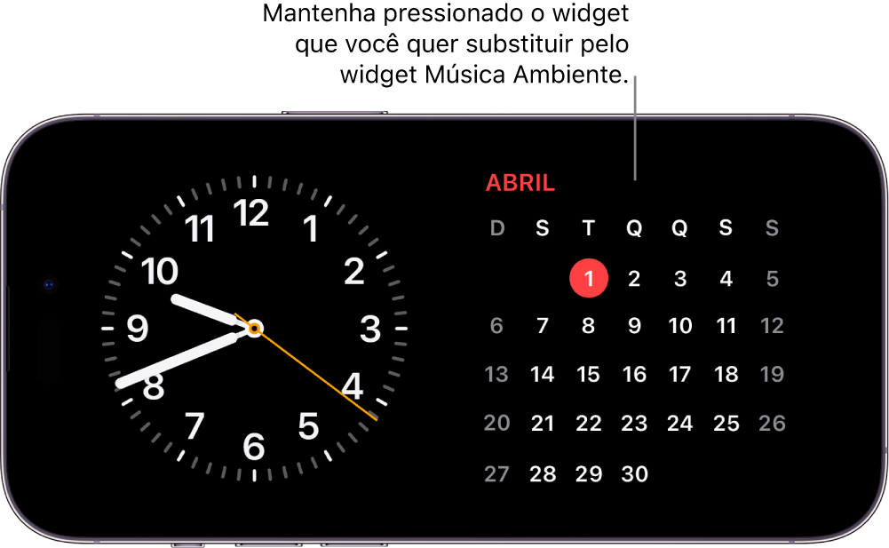 Tela Em Espera do iPhone exibindo um widget Relógio e um widget Calendário