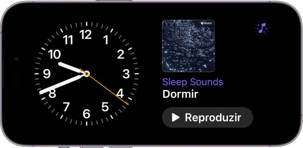 Tela Em Espera do iPhone exibindo um widget Relógio e um widget Música Ambiente
