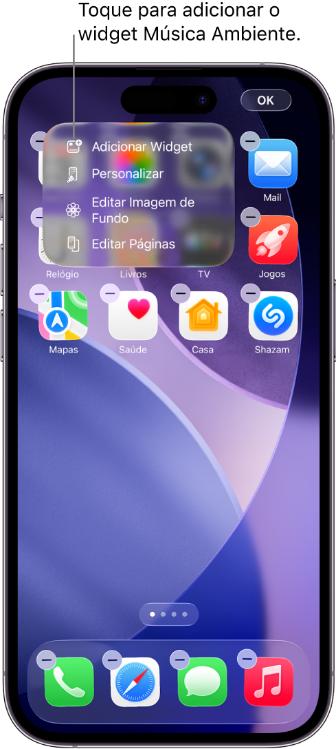 Tela de Início do iPhone exibindo o item Adicionar Widget no menu Editar