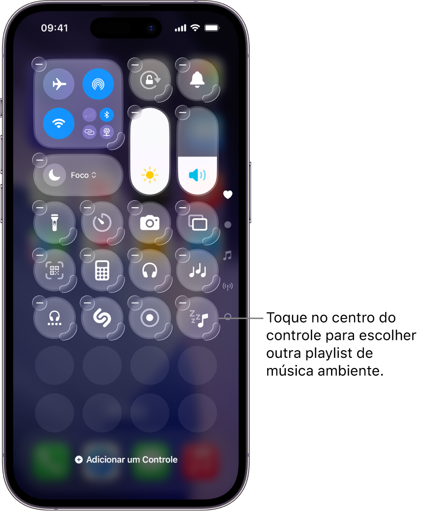 Tela do iPhone exibindo a Central de Controle no modo de edição
