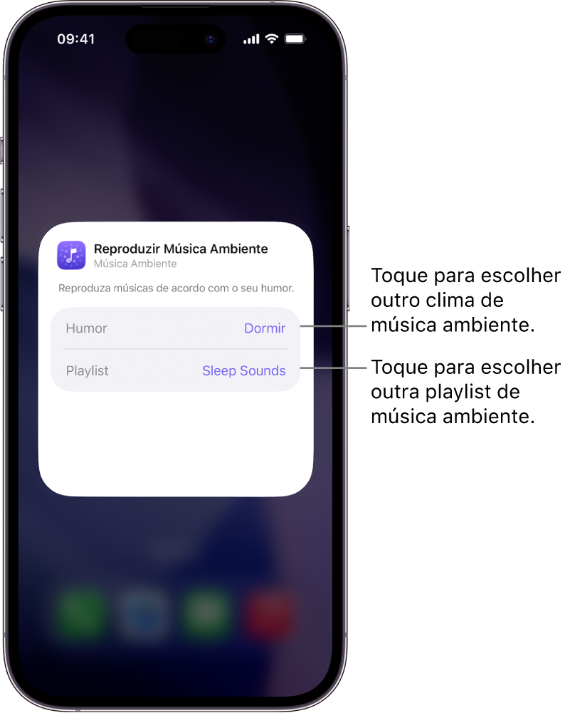Tela de Início do iPhone exibindo as opções Sentimento e Playlist no widget Música Ambiente pequeno