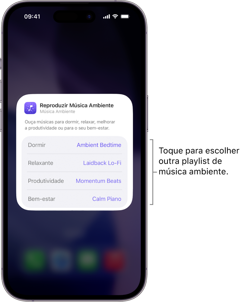 Tela de Início do iPhone exibindo as opções Sentimento e Playlist no widget Música Ambiente médio