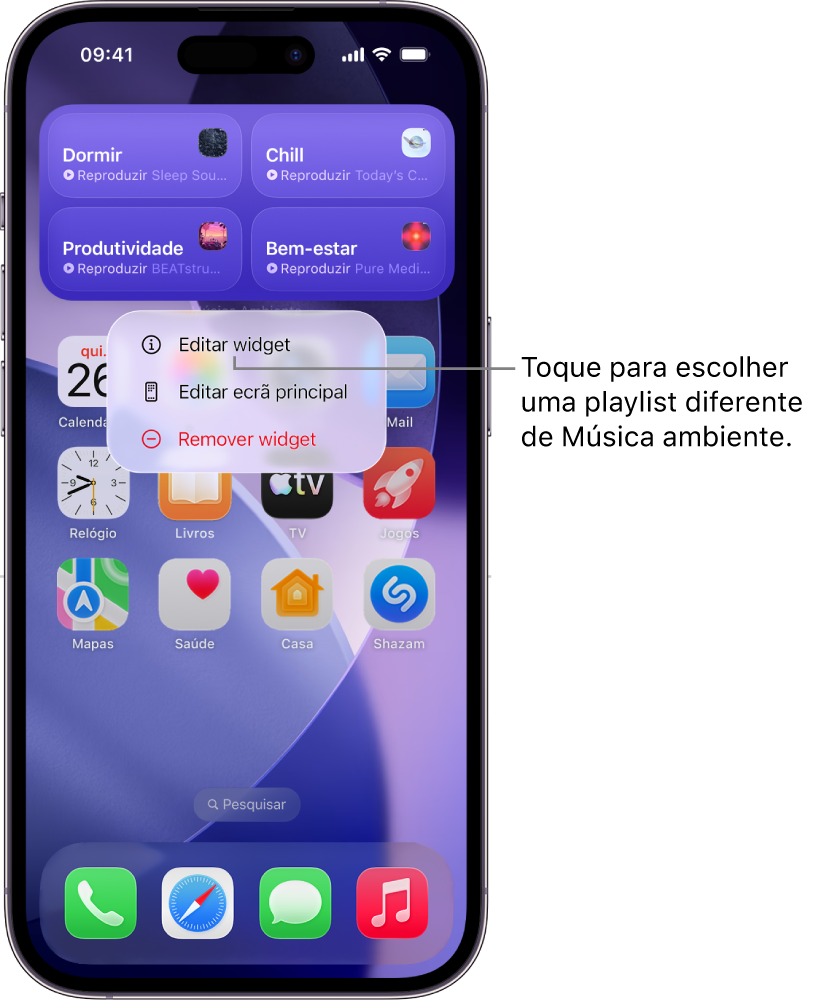 O ecrã principal do iPhone a mostrar o elemento “Editar widget” no menu Widget