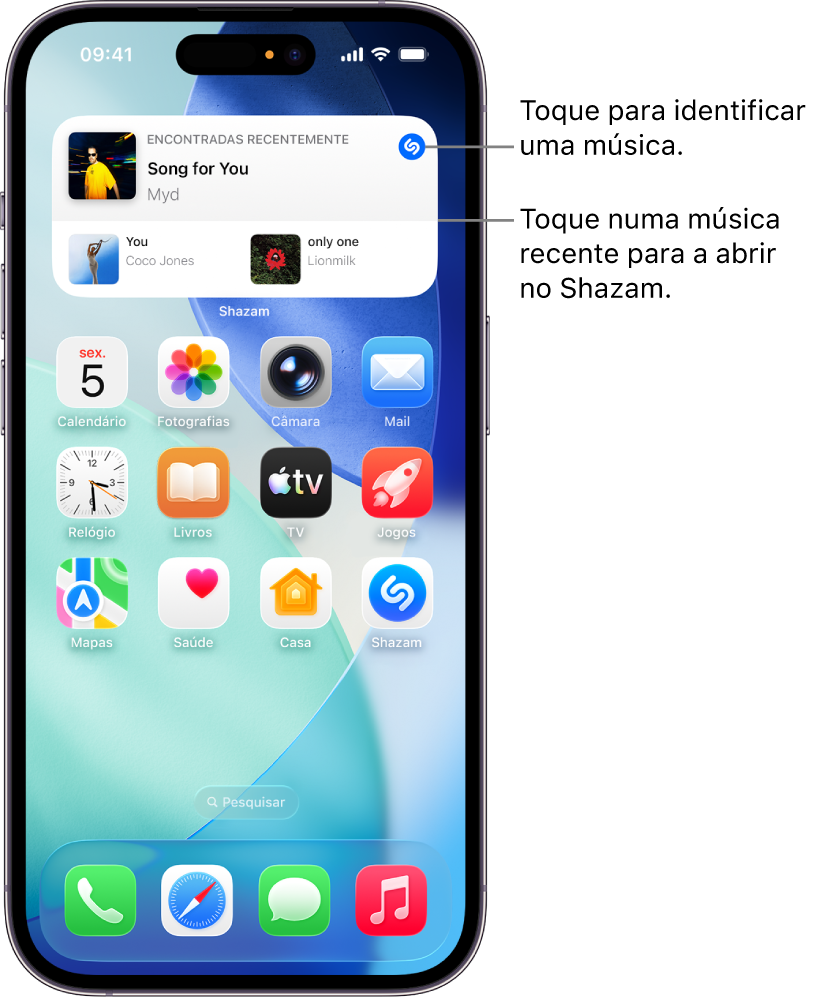 Ecrã principal do iPhone com o widget da aplicação Shazam