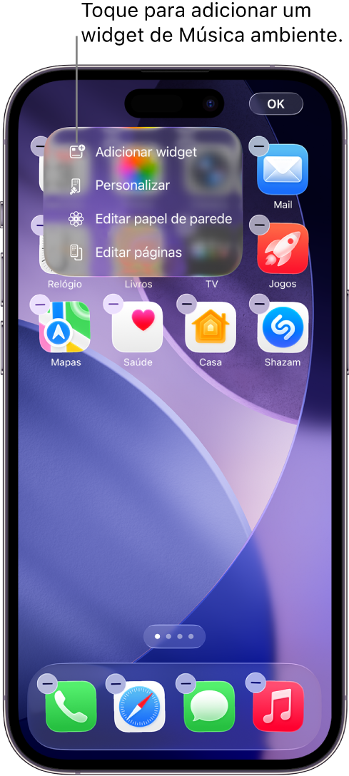 O ecrã principal do iPhone a mostrar o elemento “Adicionar widget” no menu Editar