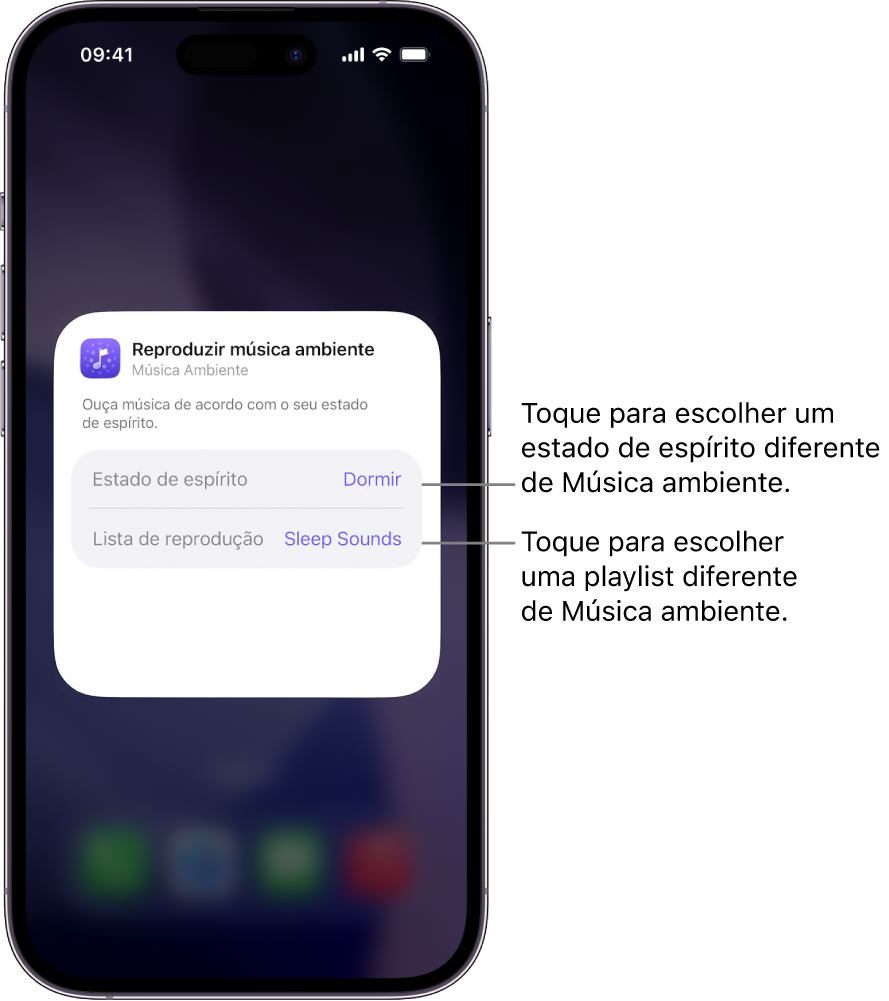 O ecrã do iPhone a mostrar as opções “Estado de espírito” e “Lista de reprodução” no widget pequeno Música ambiente