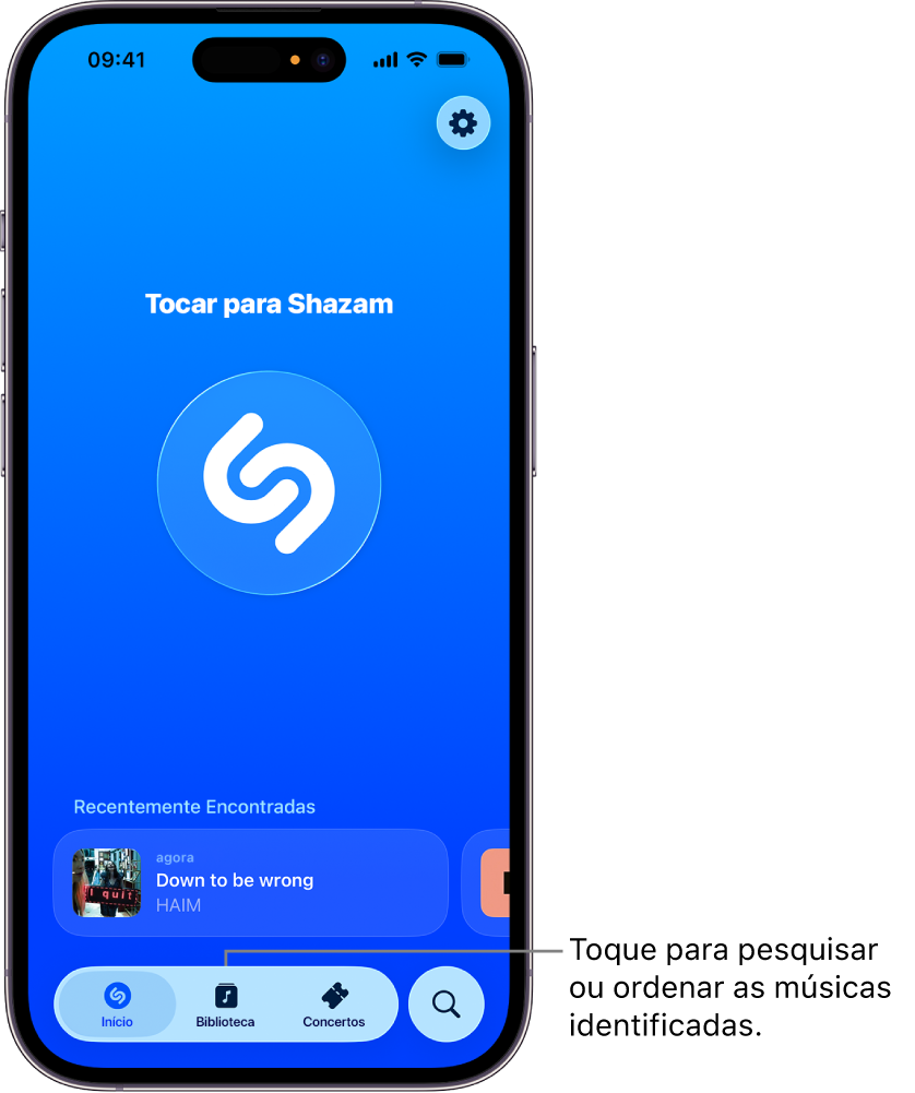 Ecrã principal da aplicação Shazam a mostrar o botão Biblioteca