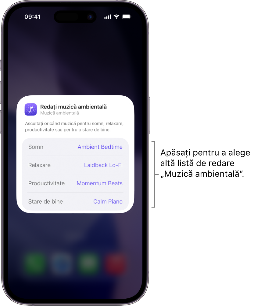 Ecranul iPhone-ului afișând opțiunile Dispoziție și Listă de redare în widgetul Muzică ambientală de dimensiuni medii.
