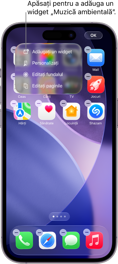 Ecranul principal al iPhone-ului afișând articolul Adăugați un widget în meniul Editați.
