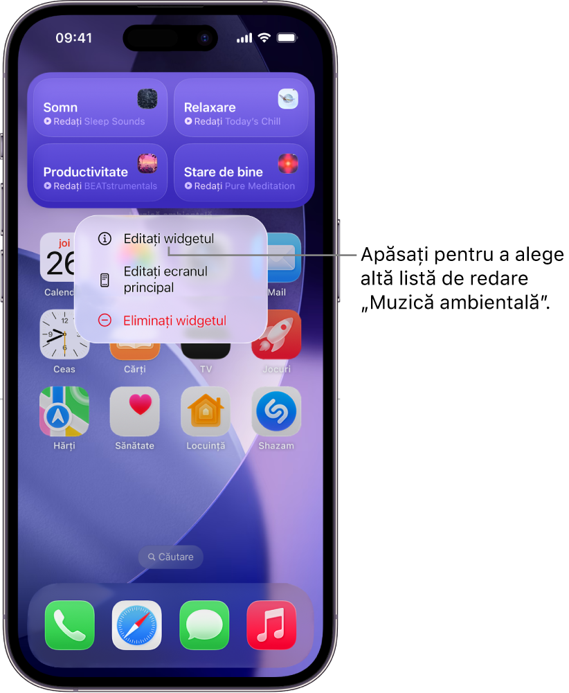 Ecranul principal al iPhone-ului afișând articolul Editați widgetul în meniul Widget.