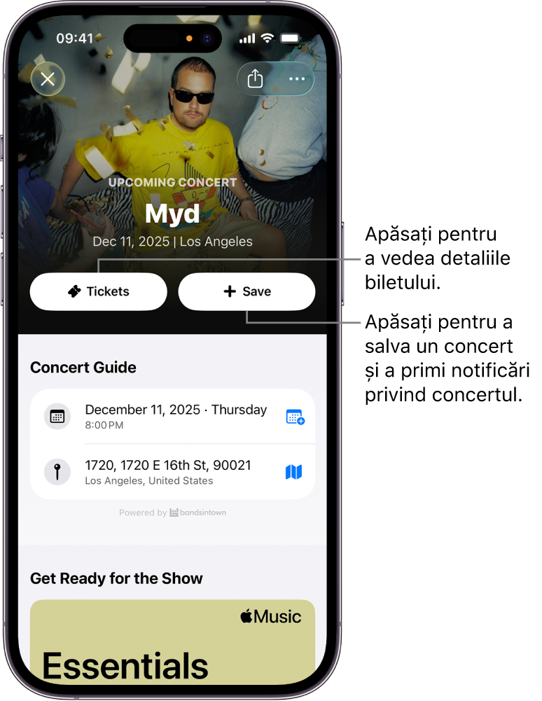 Concert Guide (Ghid concerte) în aplicația Shazam afișând butoanele Tickets (Bilete) și Save (Salvați)