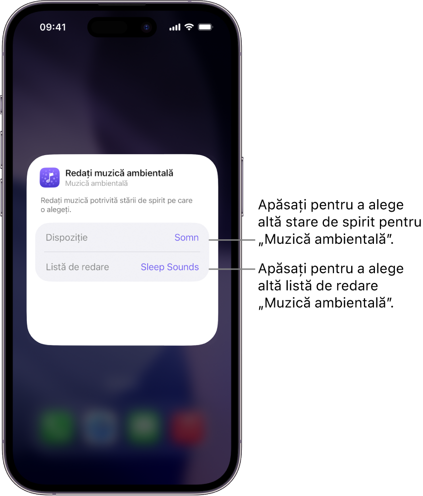 Ecranul iPhone-ului afișând opțiunile Dispoziție și Listă de redare în widgetul Muzică ambientală de dimensiuni mici.
