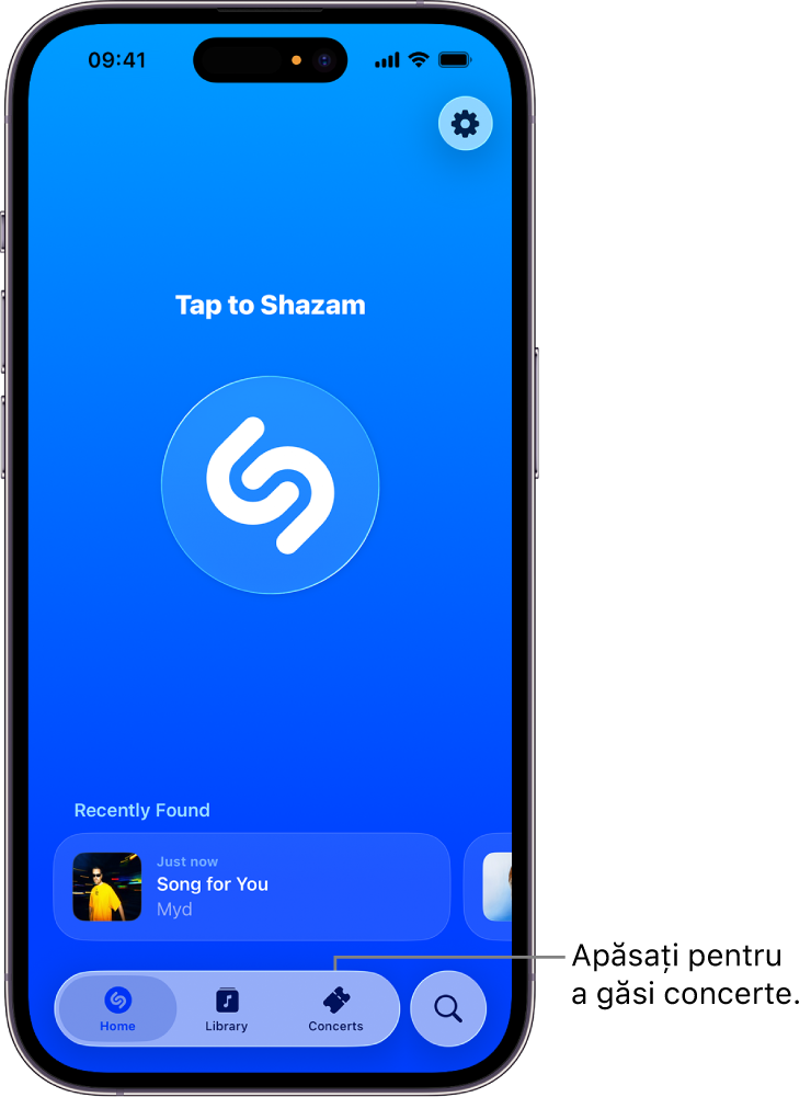 Ecranul principal al aplicației Shazam afișând butonul Concerts (Concerte).