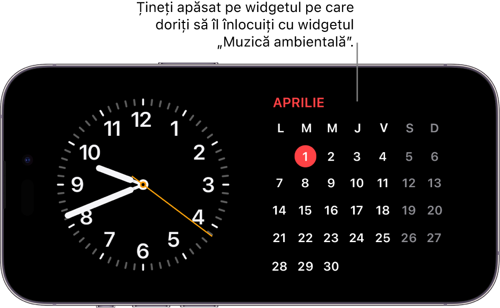 Ecranul În repaus al iPhone-ului afișând un widget Ceas și un widget Calendar.