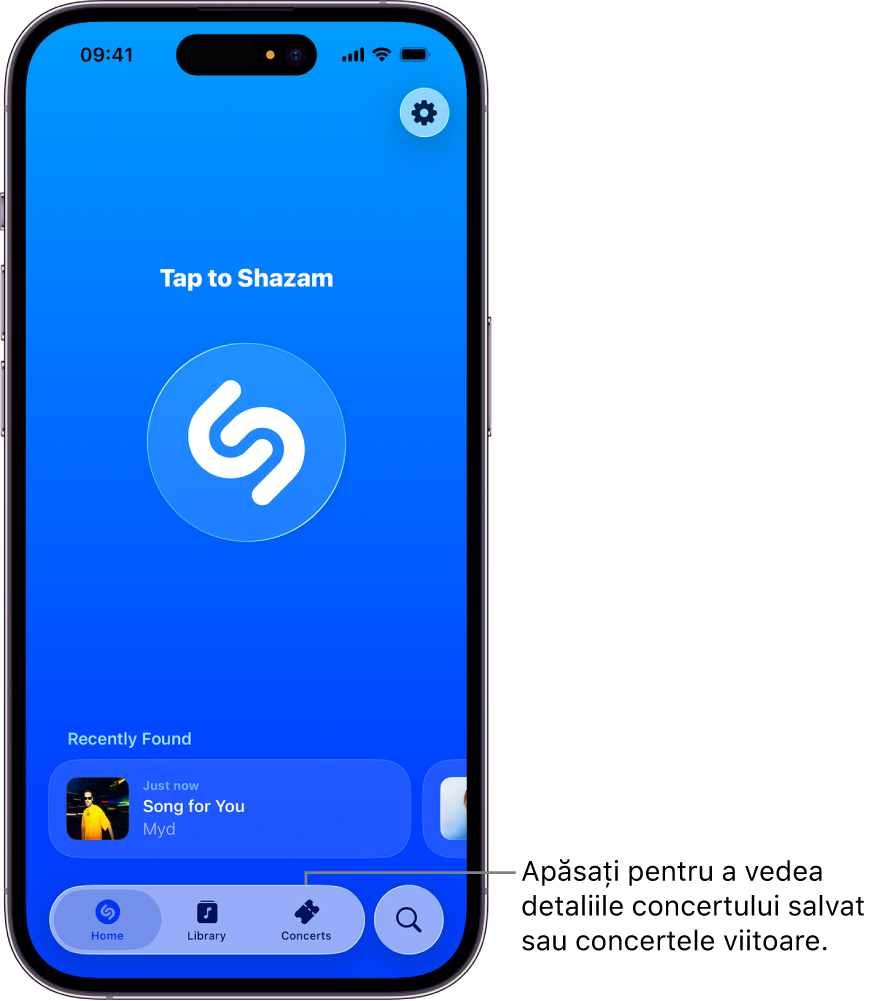 Ecranul principal al aplicației Shazam afișând butonul Concerts (Concerte).