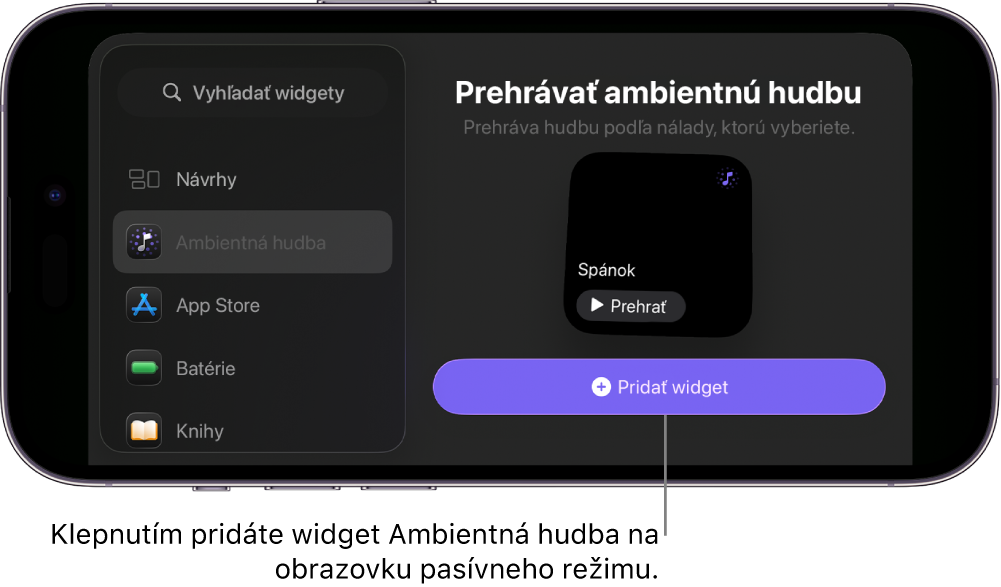 Na obrazovke iPhonu v pasívnom režime v zobrazení úprav sa zobrazuje widget ambientnej hudby a tlačidlo Pridať widget.