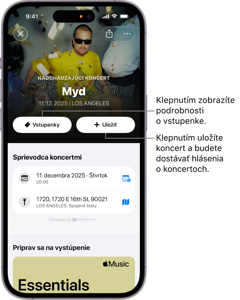 Sprievodca koncertmi v apke Shazam zobrazuje tlačidlá Vstupenky a Uložiť.