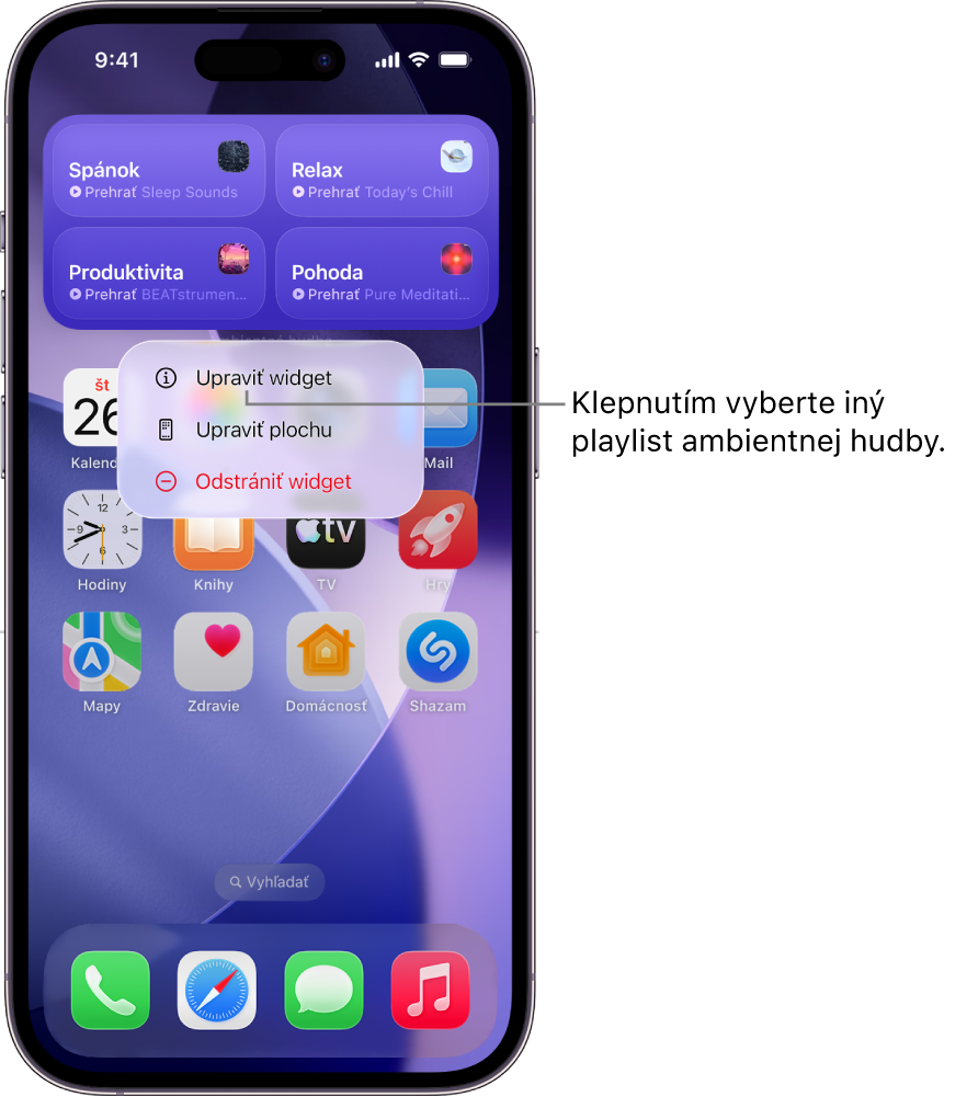 Na ploche iPhonu sa zobrazuje položka Upraviť widget v menu Widget.