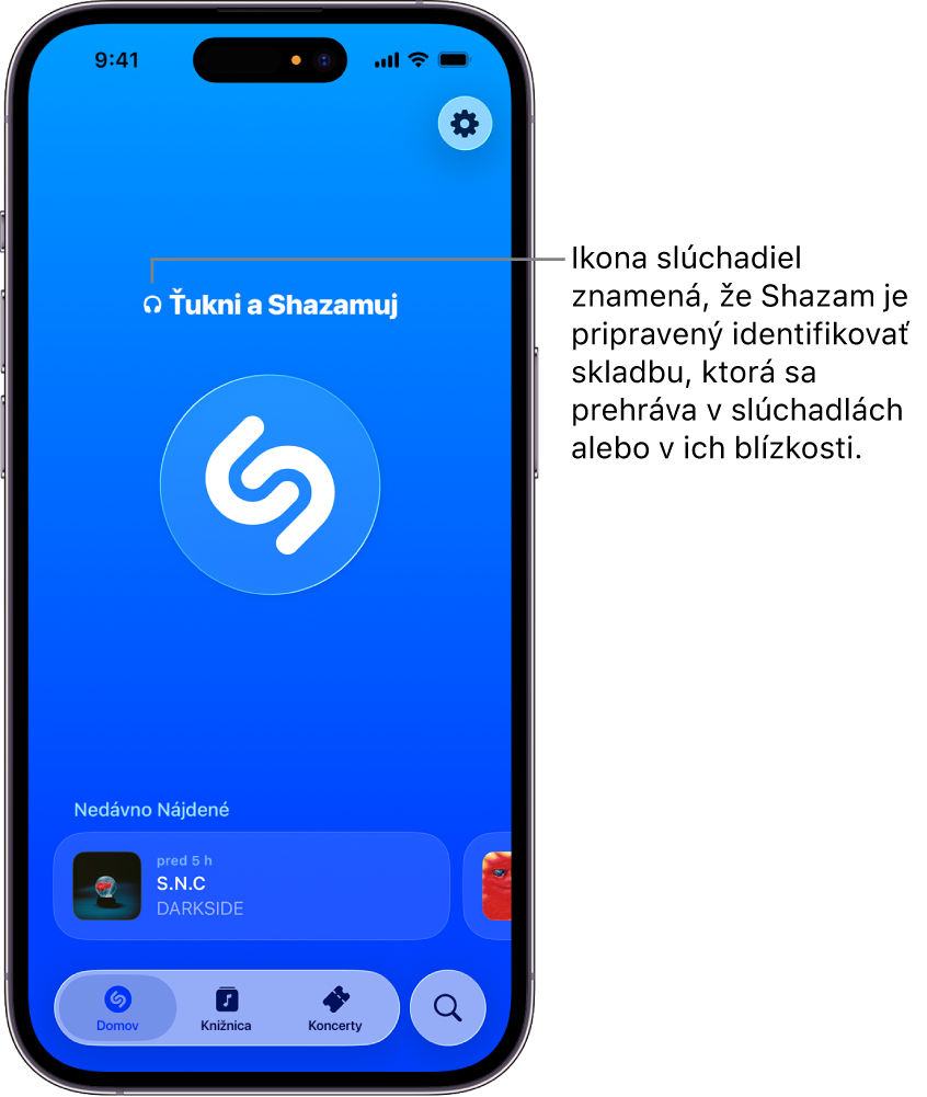 Domovská obrazovka apky Shazam zobrazujúca pripojené slúchadlá