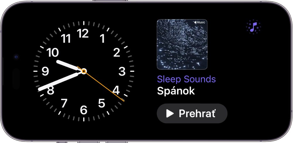Na obrazovke iPhonu v pasívnom režime sa zobrazuje widget Hodiny a widget Ambientná hudba.