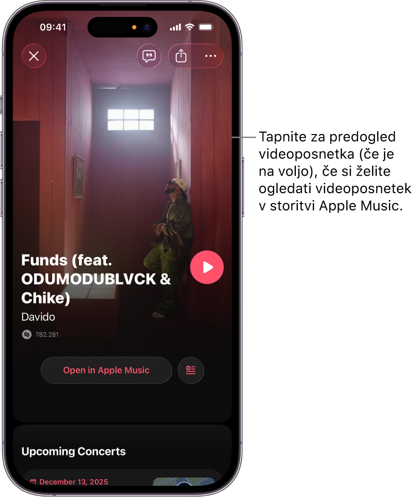 Zaslon sledenja v aplikaciji Shazam, ki prikazuje predogled videoposnetka