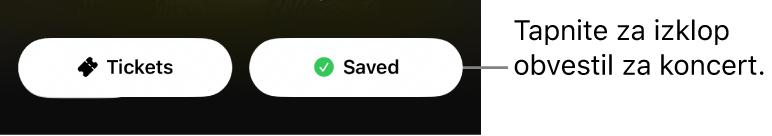 Aktiven gumb Save (s kljukico) v vodniku aplikacije Shazam Concert Guide