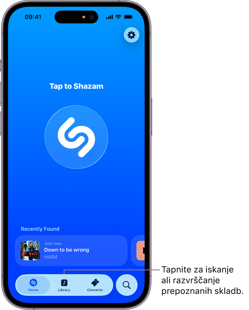Začetni zaslon aplikacije Shazam prikazuje gumb Library