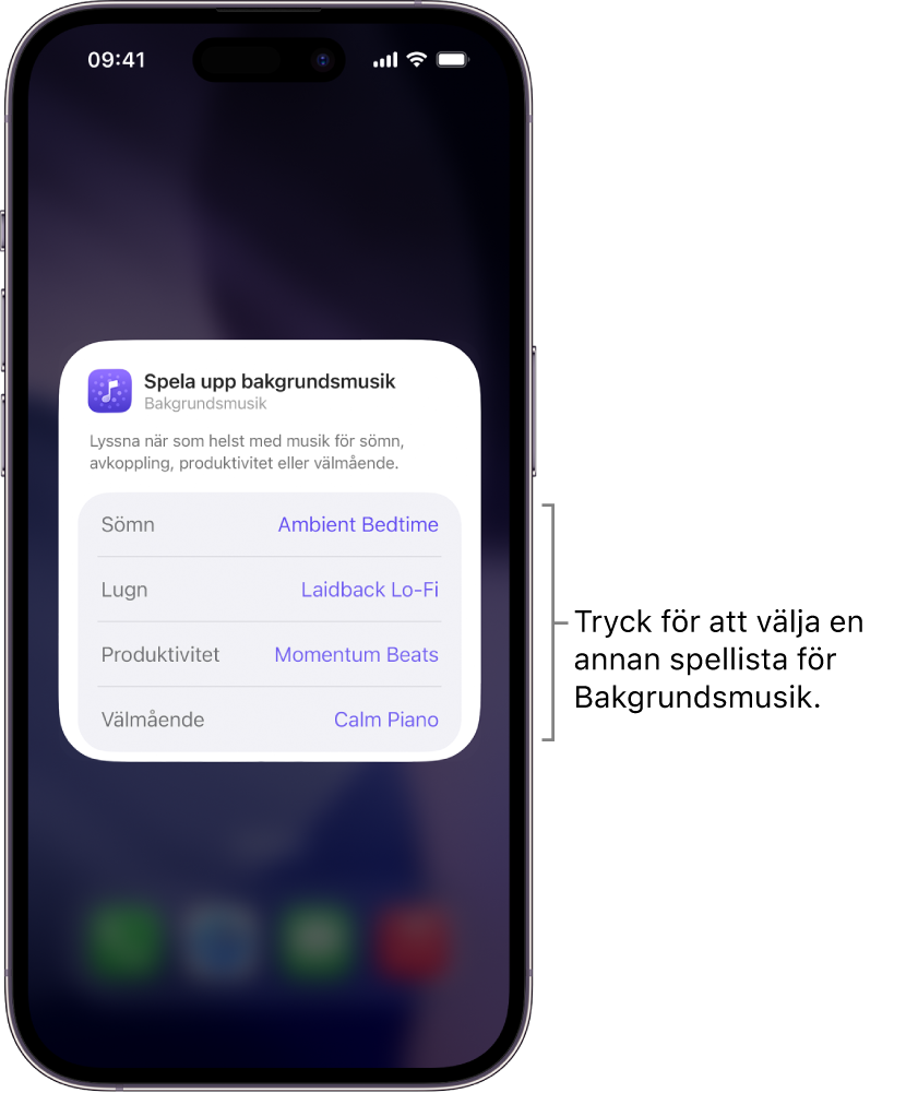 iPhone-skärmen visar alternativen Sinnesstämning och Spellista i den medelstora widgeten för Bakgrundsmusik.