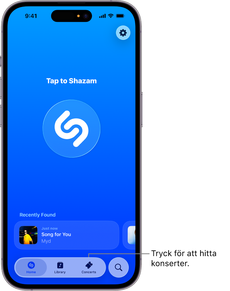 Hemskärmen i appen Shazam visar knappen Concerts.