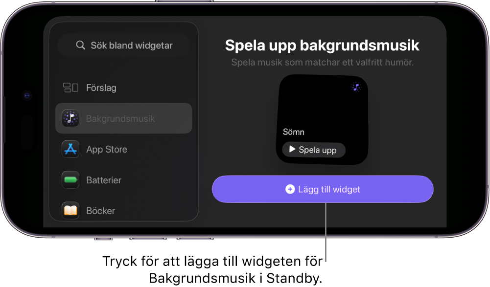 Standby-skärmen på iPhone i redigeringsläge visar widgeten för Bakgrundsmusik och knappen Lägg till widget