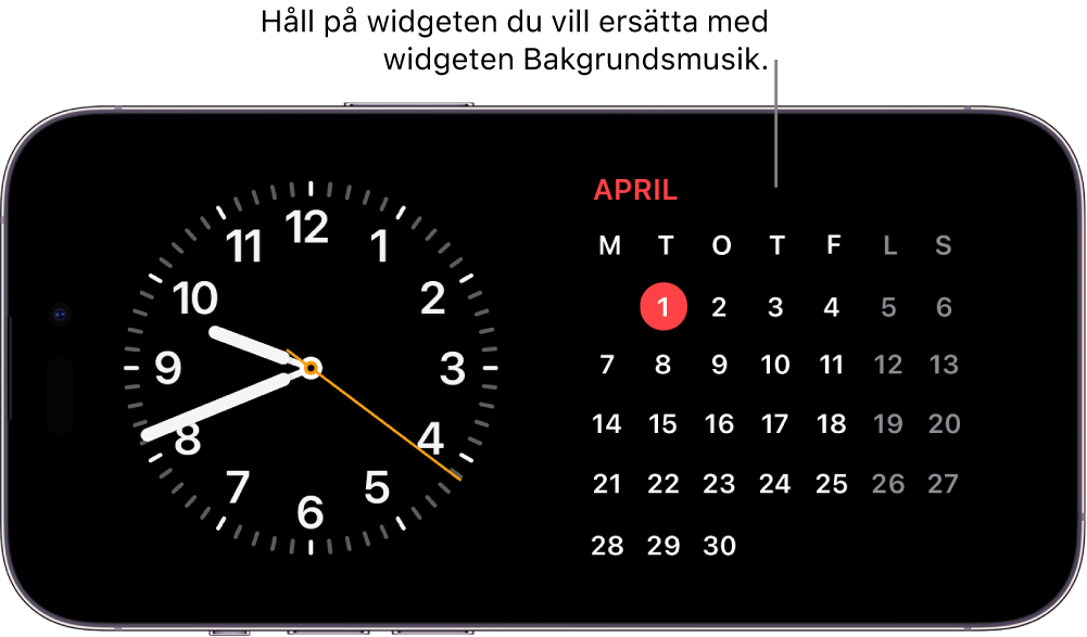 Standby-skärmen på iPhone visar en widget för Klocka och en widget för Kalender