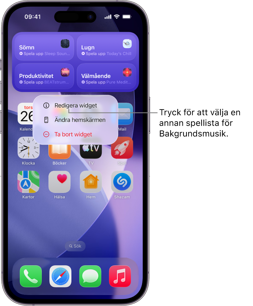 iPhone-hemskärmen visar Redigera widget i menyn Widget.
