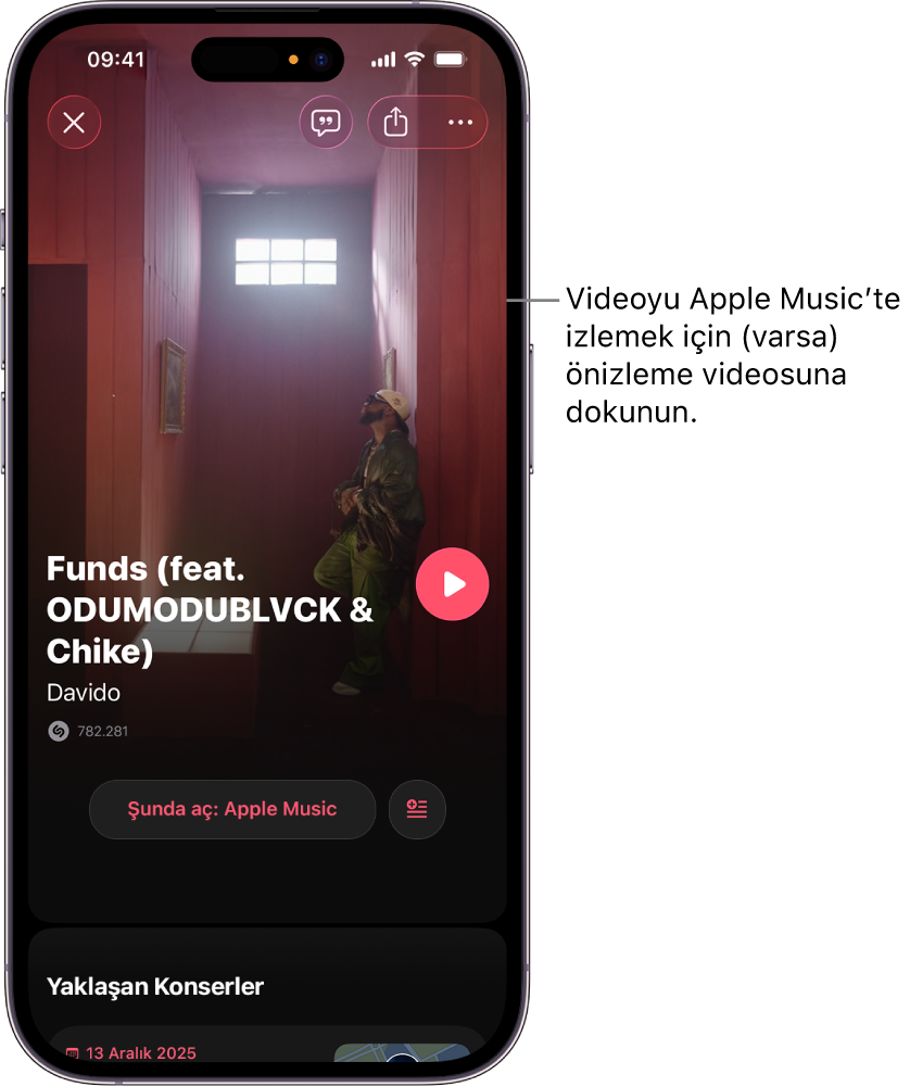 Bir videonun önizlemesini gösteren Shazam uygulaması parça ekranı