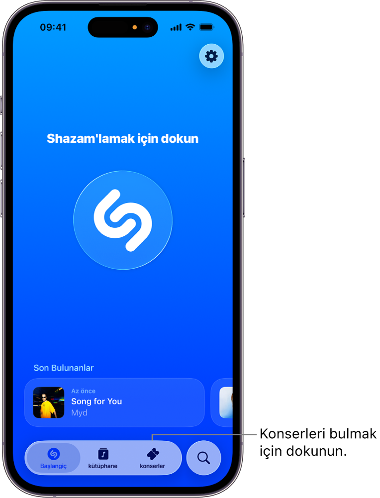 Konserler düğmesini gösteren Shazam uygulaması ana ekranı