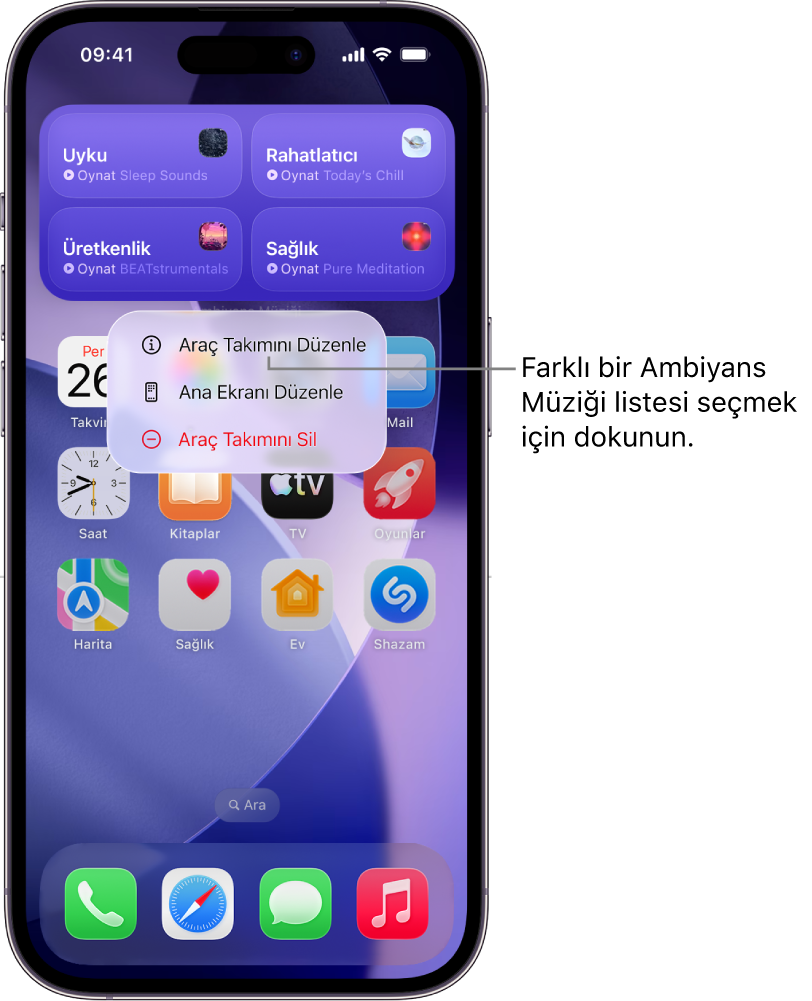 Araç Takımı menüsünde Araç Takımını Düzenle öğesini gösteren iPhone ana ekranı