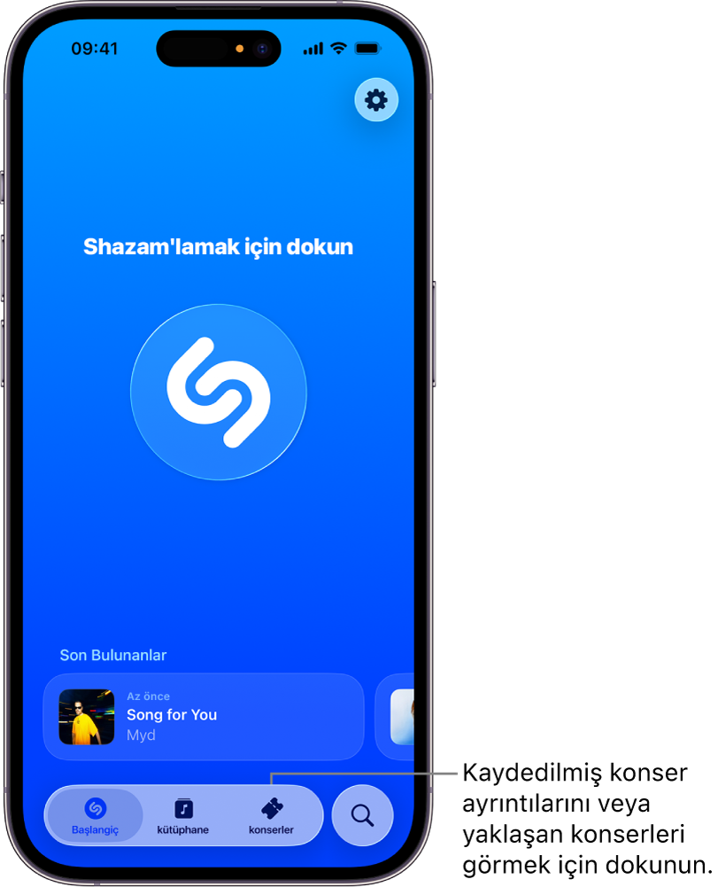 Konserler düğmesini gösteren Shazam uygulaması ana ekranı