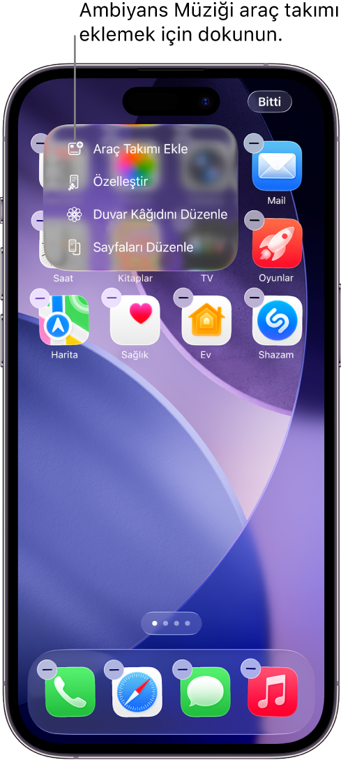 Düzen menüsünde Araç Takımı Ekle öğesini gösteren iPhone ana ekranı