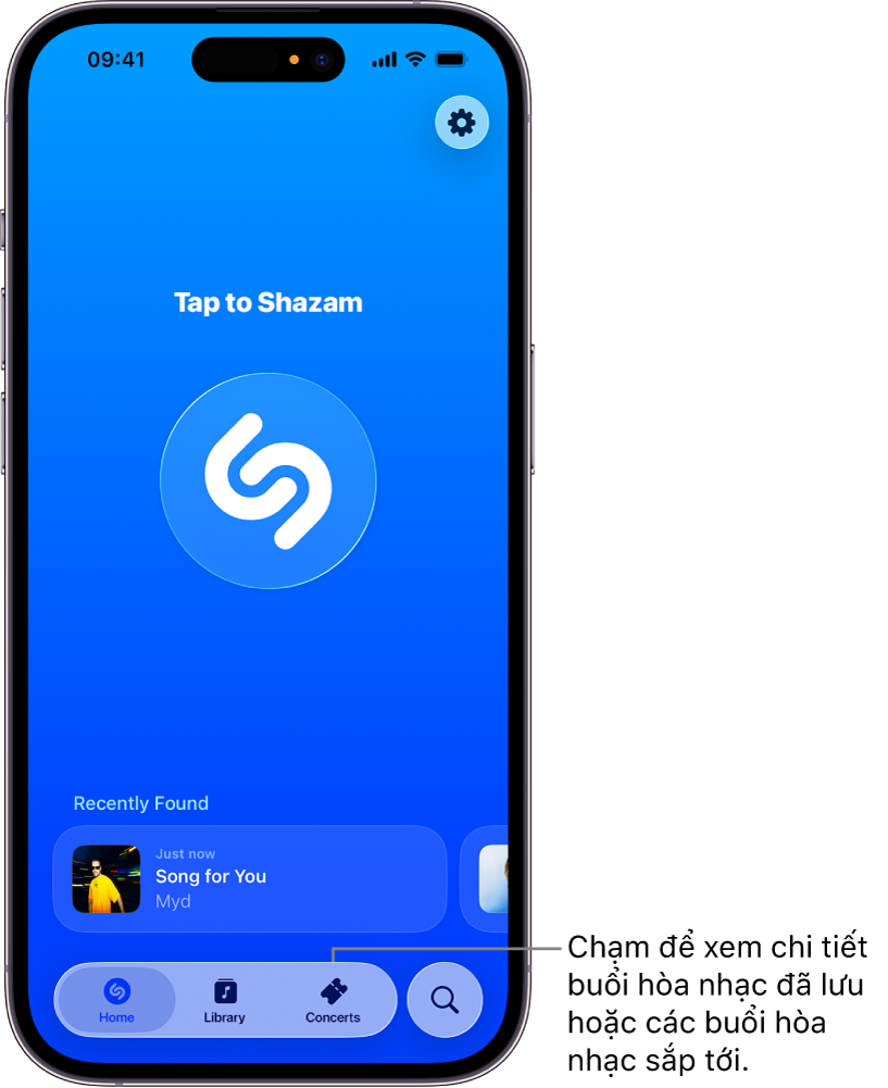 Màn hình chính của ứng dụng Shazam đang hiển thị nút Concerts (Buổi hòa nhạc)