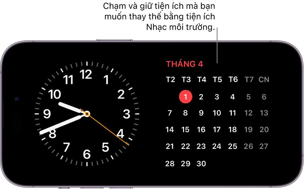 Màn hình Chế độ chờ của iPhone đang hiển thị một tiện ích Đồng hồ và một tiện ích Lịch