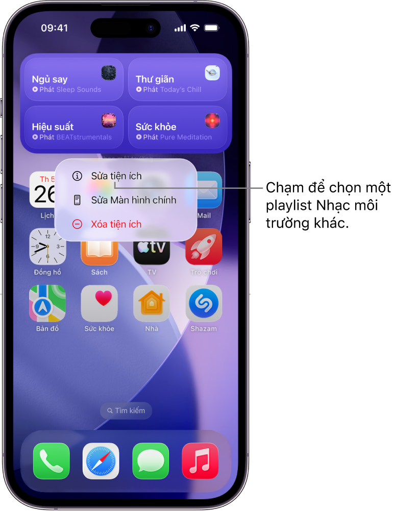 Màn hình chính của iPhone đang hiển thị mục Sửa tiện ích trong menu Tiện ích