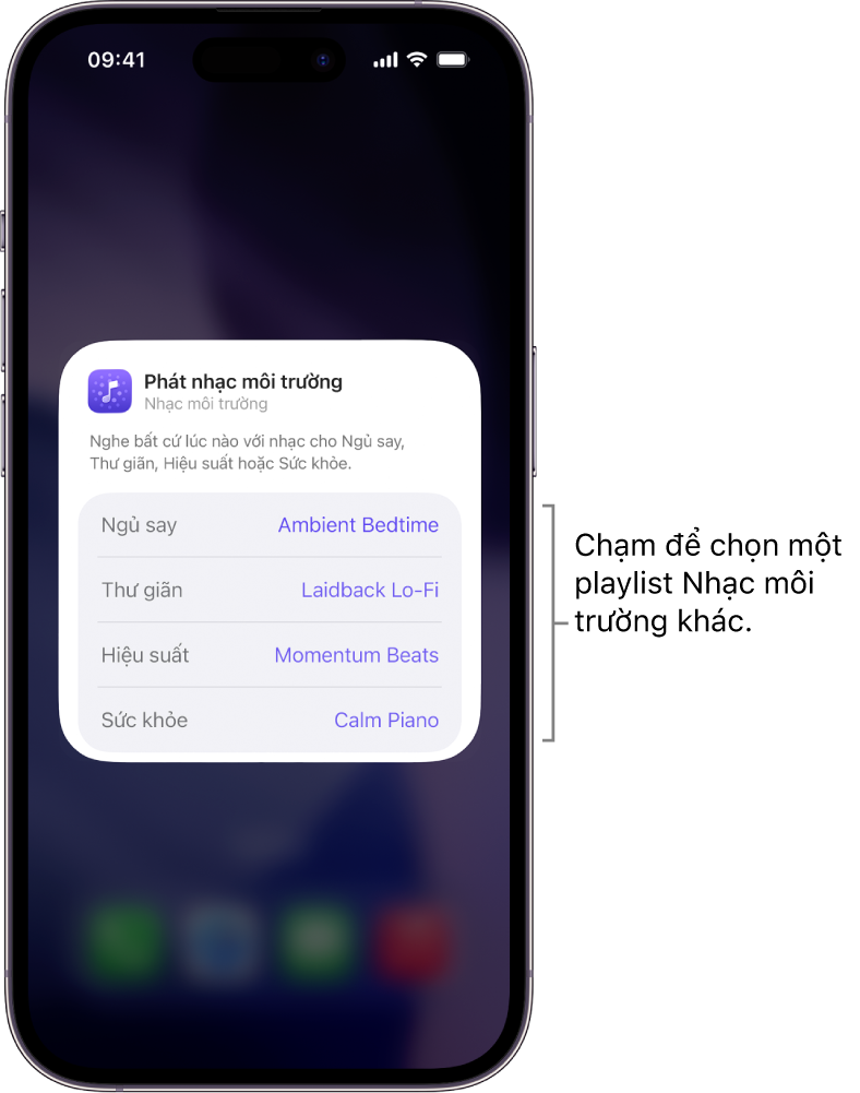 Màn hình iPhone đang hiển thị các tùy chọn Tâm trạng và Playlist trong tiện ích Nhạc môi trường trung bình