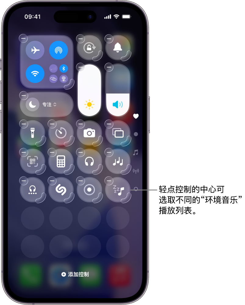 iPhone 屏幕,显示编辑模式下的控制中心