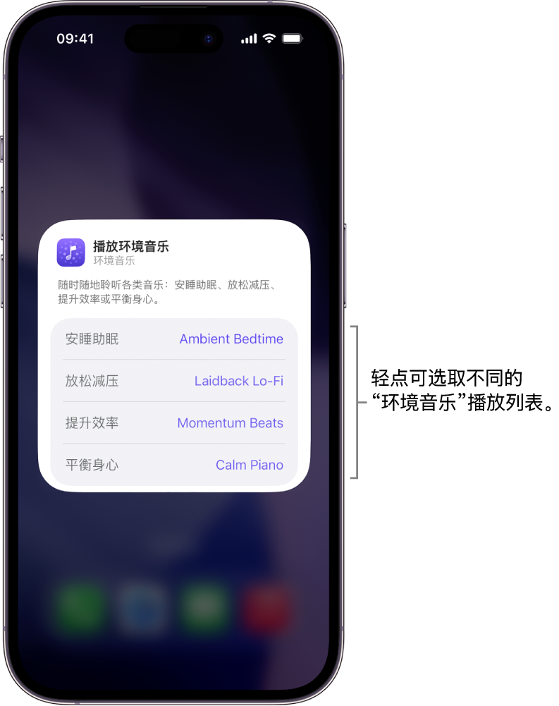 iPhone 屏幕,显示中尺寸“环境音乐”小组件中的“心情”和“播放列表”选项