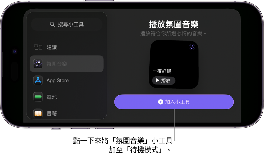 編輯模式中的 iPhone 「待機模式」畫面顯示「氛圍音樂」小工具和「加入小工具」按鈕