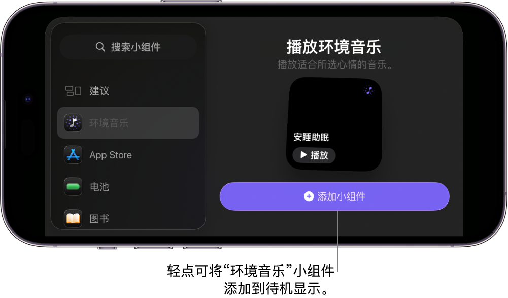 编辑模式下的 iPhone 待机显示屏幕,显示“环境音乐”小组件和“添加小组件”按钮