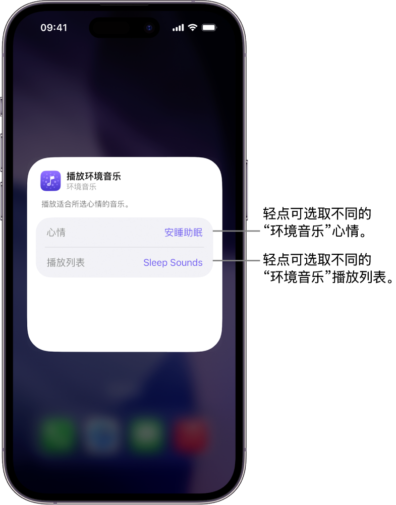 iPhone 屏幕,显示小尺寸“环境音乐”小组件中的“心情”和“播放列表”选项