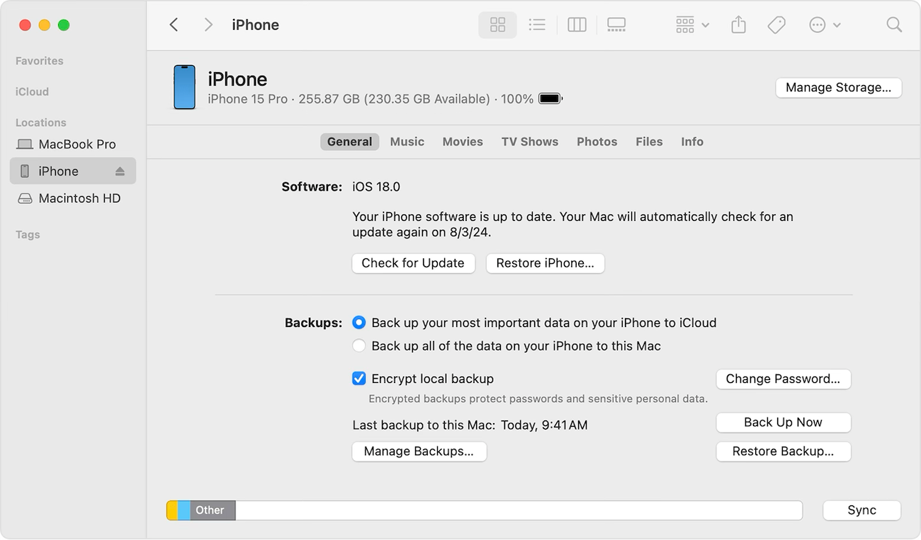 A Finder window showing iPhone selected in the sidebar.