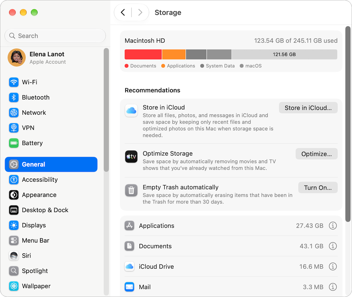 System Settings showing storage recommendations.