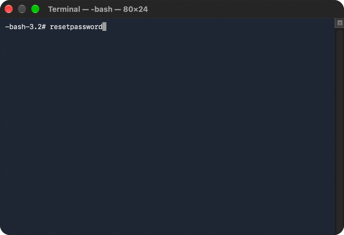 “resetpassword” command typed in Terminal.